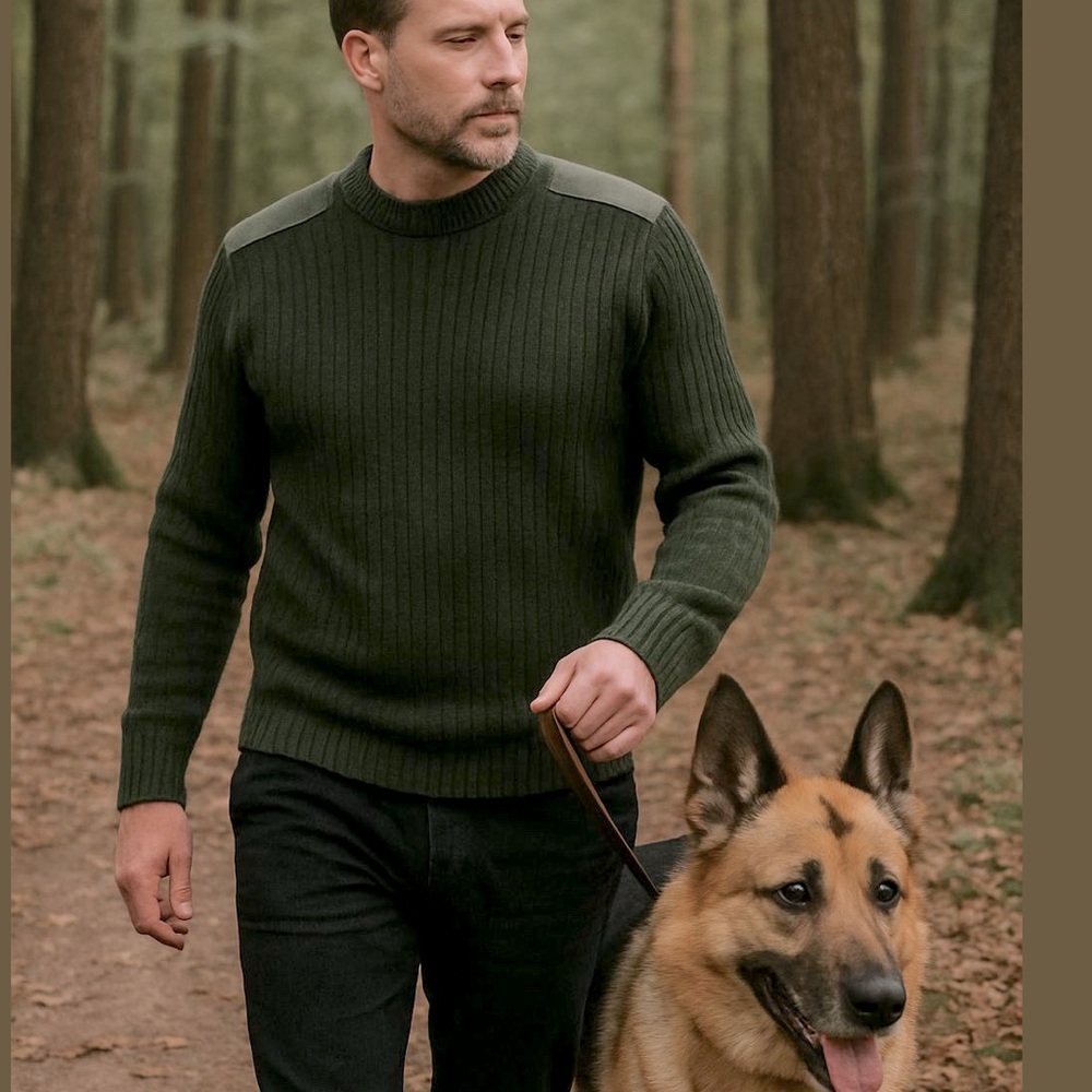 70s COMMANDO WOOL OLIVE GREEN SWEATER SHOULDER & ELBOW PATCHES ECLECTIC GRANDPA